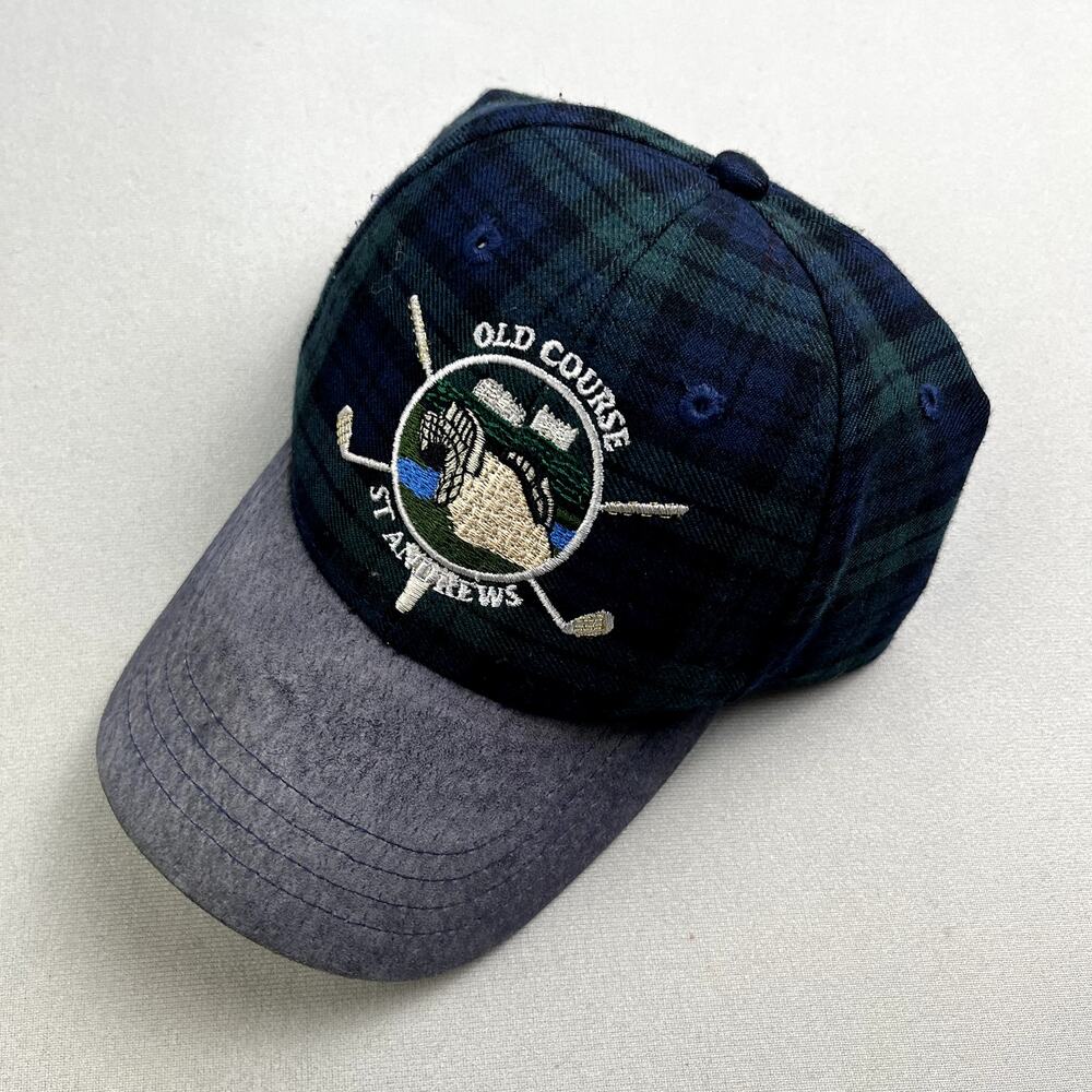 Vintage Old Course St Andrews Golf Hat Cap Blue Plaid Suede Links Scotland 90s